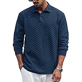 VOGSTART Mens Textured Polo Stretchy Casual Fashion Long Sleeve Button Shirt (S-XXL)