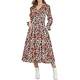 CYiNu Womens Floral Long Sleeve Midi Dress Deep V Neck Elastic Waist Boho Floral Dress for Women