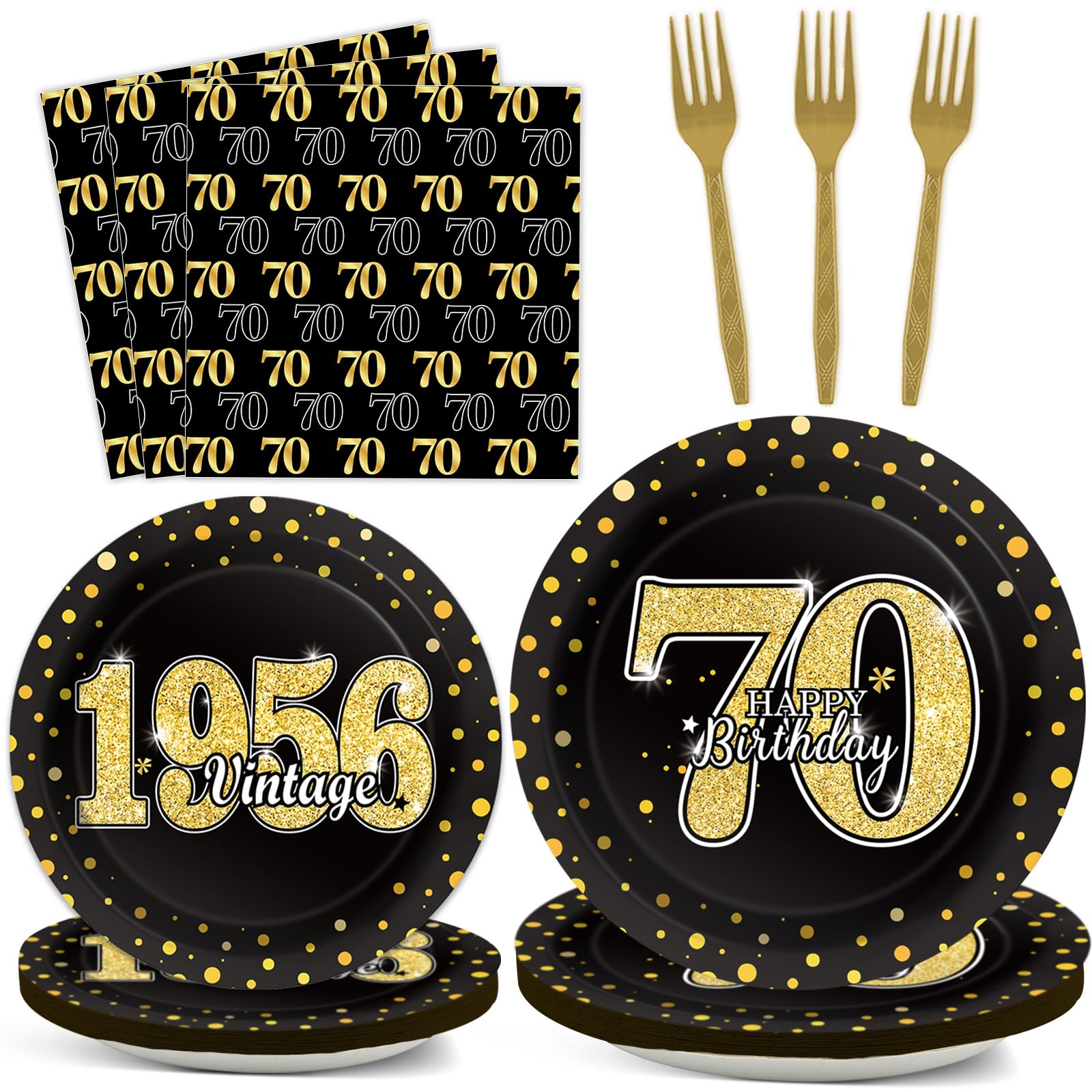 Photo 1 of 200PCS 70th Theme Birthday Party Tableware Vintage 1956 Party Supplies 70 year old Birthday Party Decorations Plates Napkins Forks Black and Gold Dinnerware Favors for Men or WomenLPNPMFV9872187
