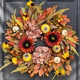 24 Inch Fall Wreaths for Front Door, Artificial Autumn Welcome Wreath with Sunflowers Pumpkins Maple Leaves Berries Butterflies, Seasonal Thanksgiving Wreaths, Rustic Farmhouse