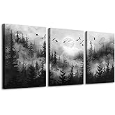 DZRWUBHS Black And White Wall Paintings - Canvas Wall Art For Living Room, Bedroom, Modern Office - Misty Forest Landscape Abstract Wall Pictures - Home Decor
