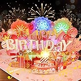 Ecloverlife Birthday Cards, Pop-Up Music and Fireworks Lights Birthday Cards for Women, 3D Cake and Blowable Candles Birthday Card for Women, Wife, Girls, Daughter and Men