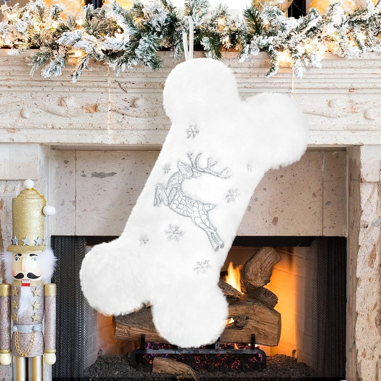Stockings & Holders - Yoochee Pet Dog Christmas Stocking, Snowy White Plush Large Bone Shape Dog Christmas Stockings Printed with Exquisite Elk Embroidery, Hanging Christmas Holiday Fireplace Party Xmas Decor