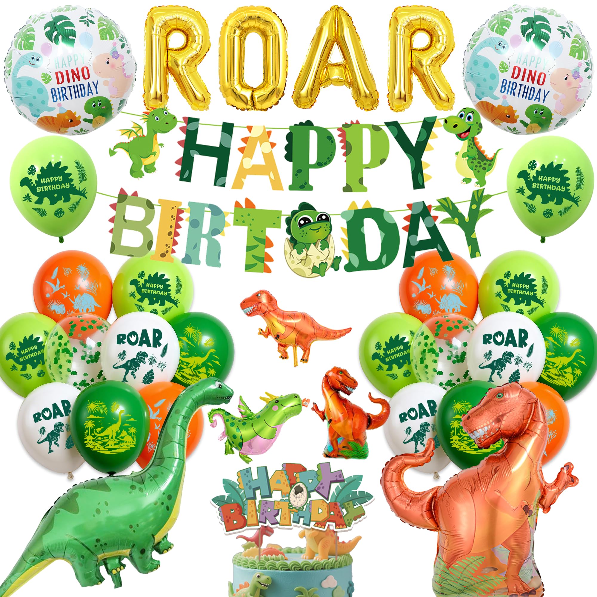 Dinosaur Birthday Decorations Balloons for Boys - Dino Happy Birthday Banner and gold ROAR Letter Balloons, Large and Mini Dinosaur foil Balloon Cake Topper for Kids Jungle Party Decoration
