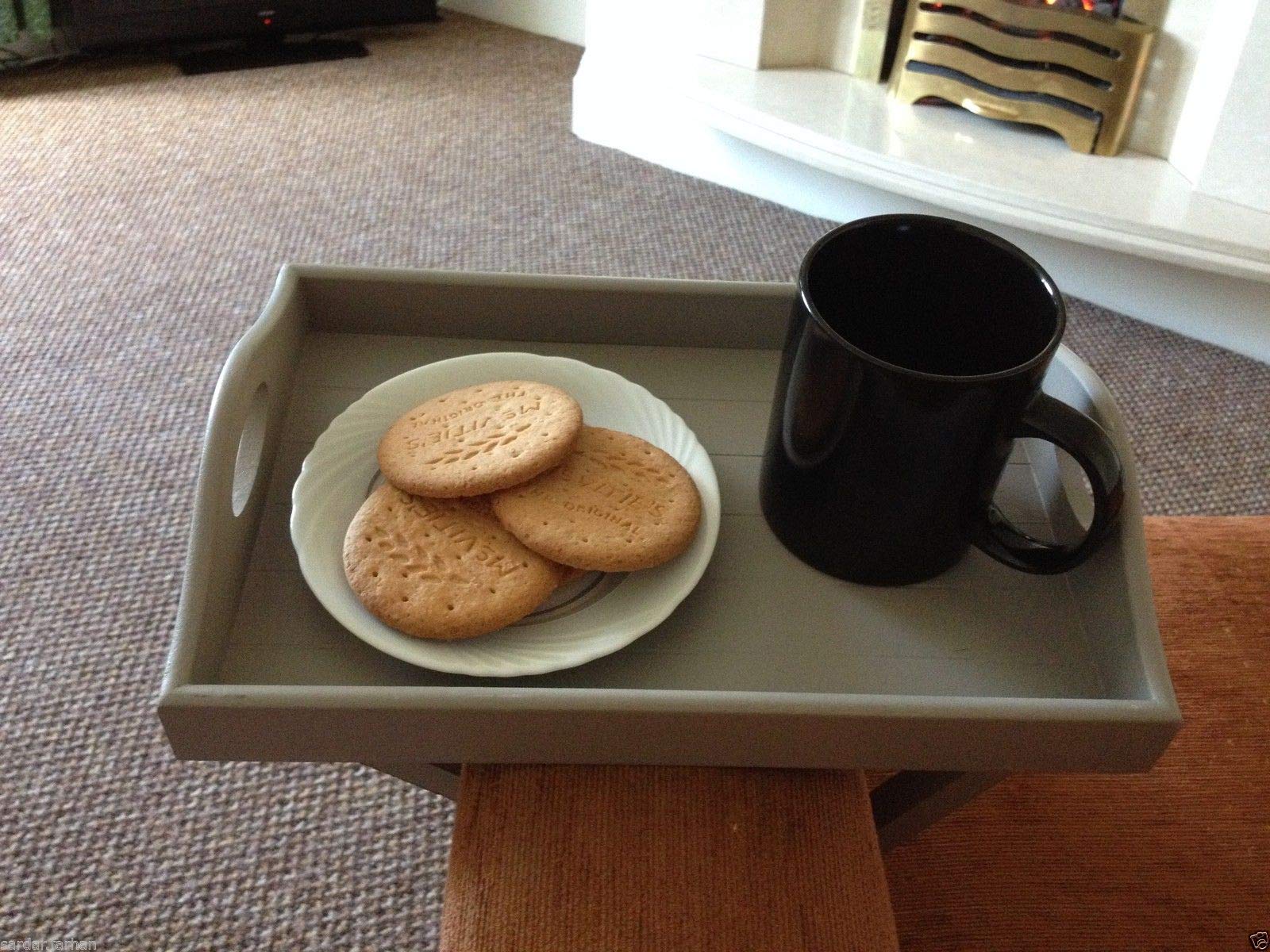 Grey Wooden Armchair Tray Sofa Tray drink holder remote holder wooden tray