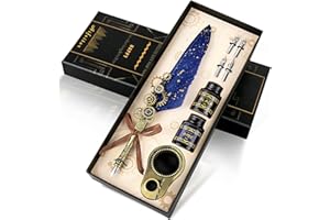 Aifeiter Quill Pen Ink Set,Calligraphy Pen Set,Includes:Feather Pen,2 Bottles of Color Ink, 2 in one Holder, 4 Stainless Steel nibs, Black Gift Box-Blue