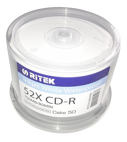 50 Glossy Bedruckbare CD Rohlinge Waterproof Ritek-Pro CD-R 80min/700MB Wide Inkjet Printable mit Nanokeramik Oberfläche weiß