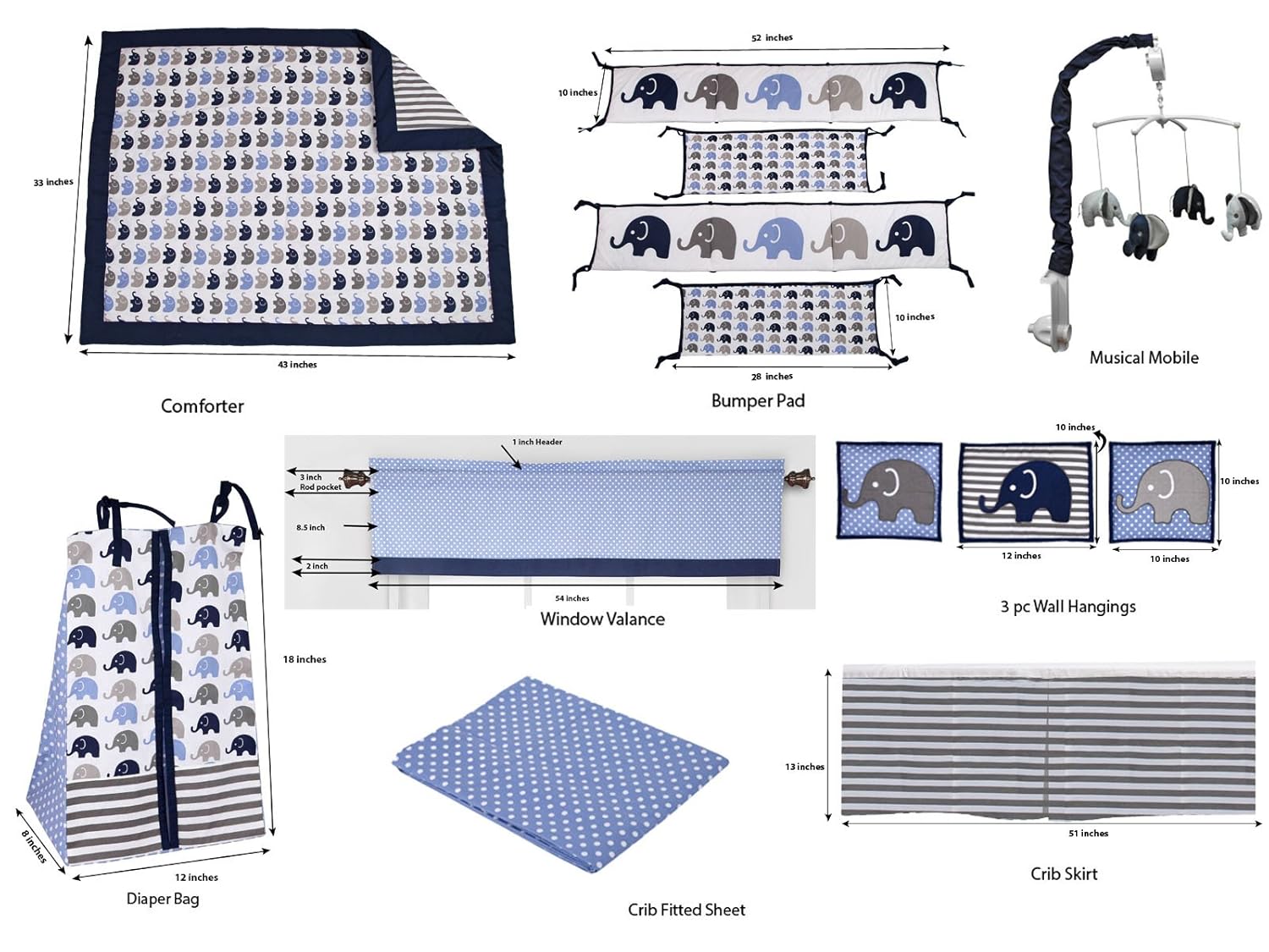 Bacati - Elephants Blue/Grey 10 Pc Boys Crib Baby Bedding Set Including Bumper Pad 100 Percent Cotton. : Baby