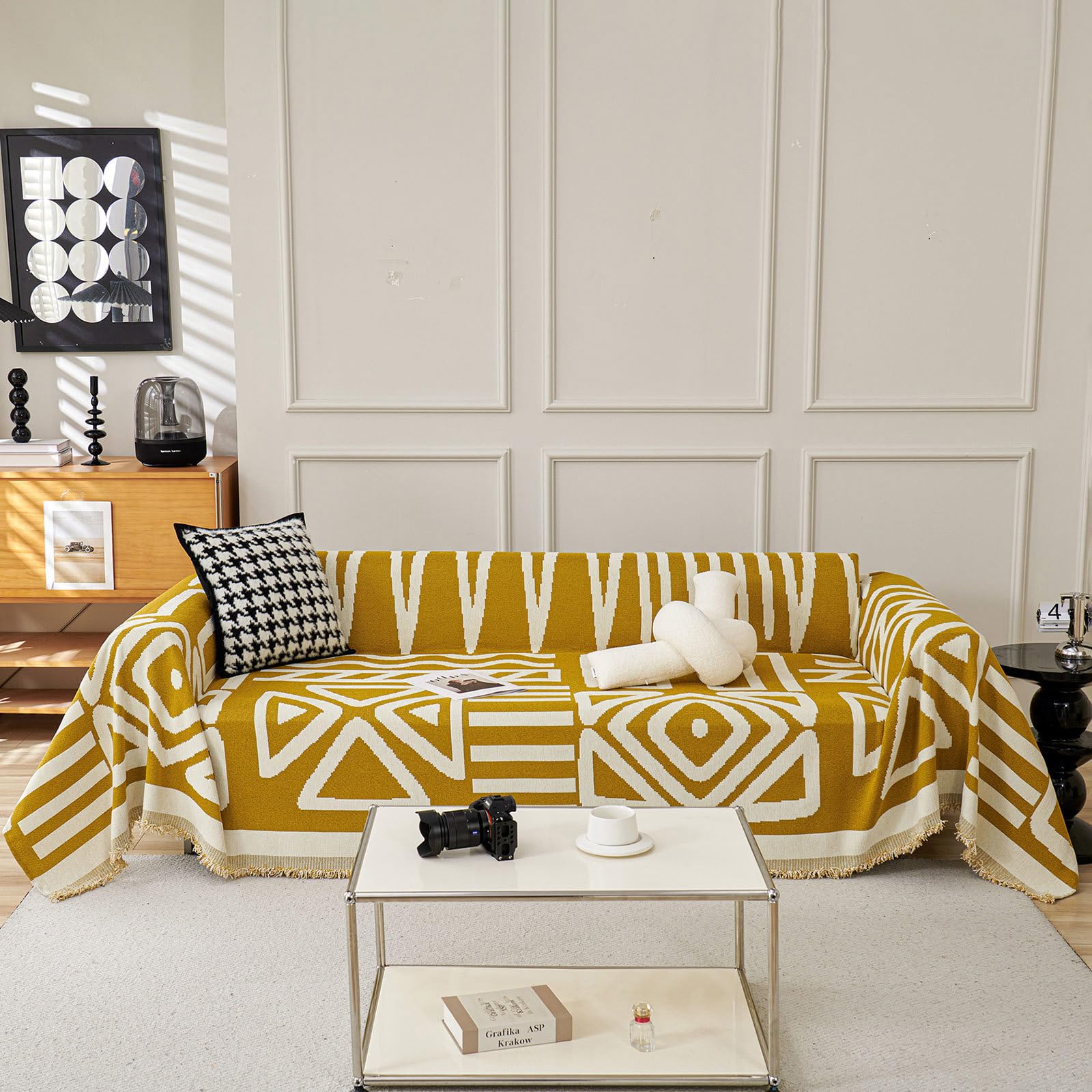 Photo 1 of VClife Couch Cover Boho, Mustard Yellow Jacquard Sofa Cover for 3 Cushion Couch Sofa, Anti Slip Dog Sofa Couch Cover Washable Sofa Slipcover L-Shape Sectional Sofa Cover with Tassel, 91"x134"