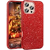 MATEPROX Compatible with iPhone 16 Pro Max Case, Glitter Bling 3-Layer Shockproof Anti-Scratch Cover 6.9'' for Girls Women,Trendy Sparkle Protective Christmas Cases for iPhone 16 Promax-Red