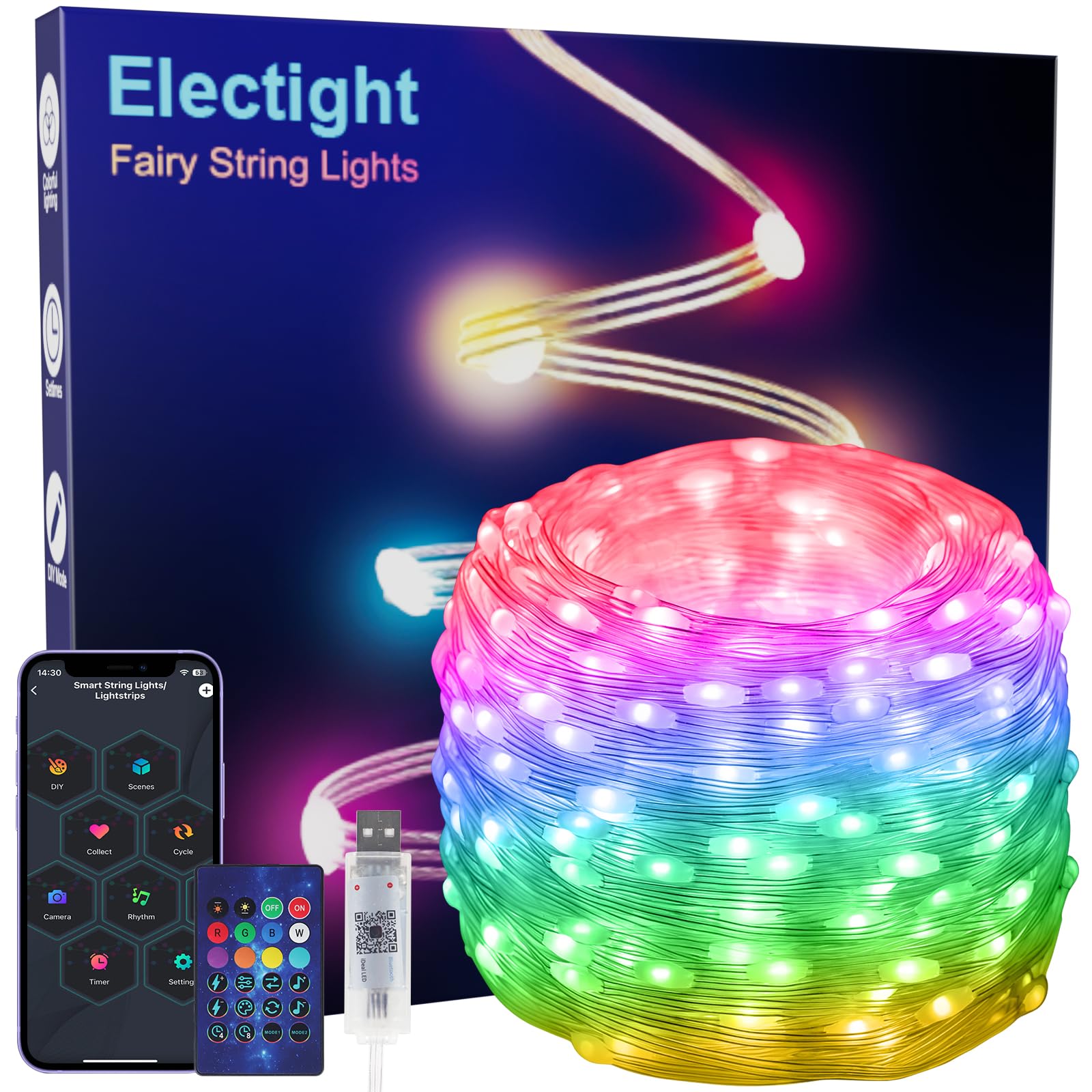 Electight 20M/66FT RGB Smart IC Fairy String Lights Multicolor [APP & Remote Control],99+ Modes Dimmable, USB Powered& Waterproof Christmas Halloween Lights,for Indoor& Outdoor, Wedding, Deco