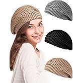 Newcotte 3 Pcs Soft Slouchy Crochet Beret Chic Cutout Beret Hats for Women Lightweight Knit Beanie Caps for Women(Black, Gray, Khaki)
