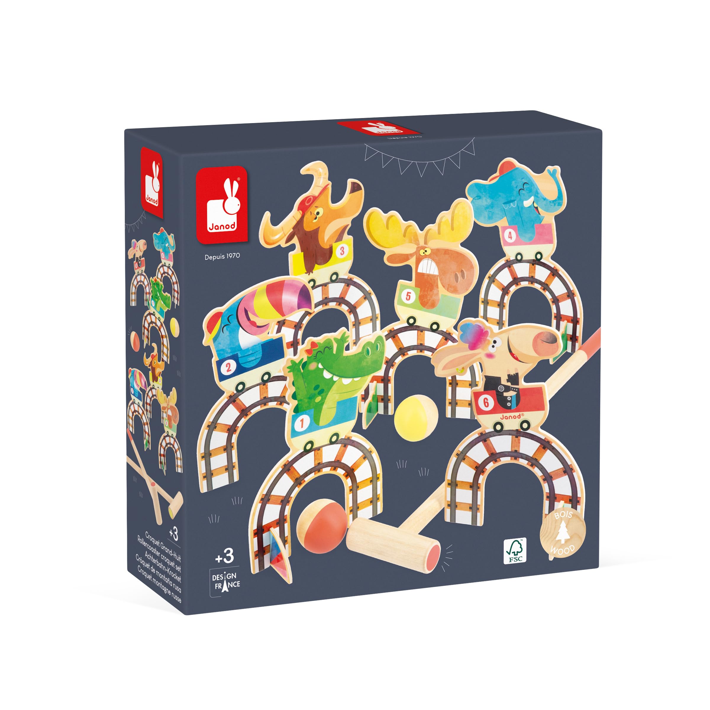 Janod - Applepop Children’s Croquet Set - Game of Skill - 6 Hoops + 2 Mallets + 2 Balls - Develops Dexterity & Concentration - FSC Wood Toy - 3 Years +, J03353