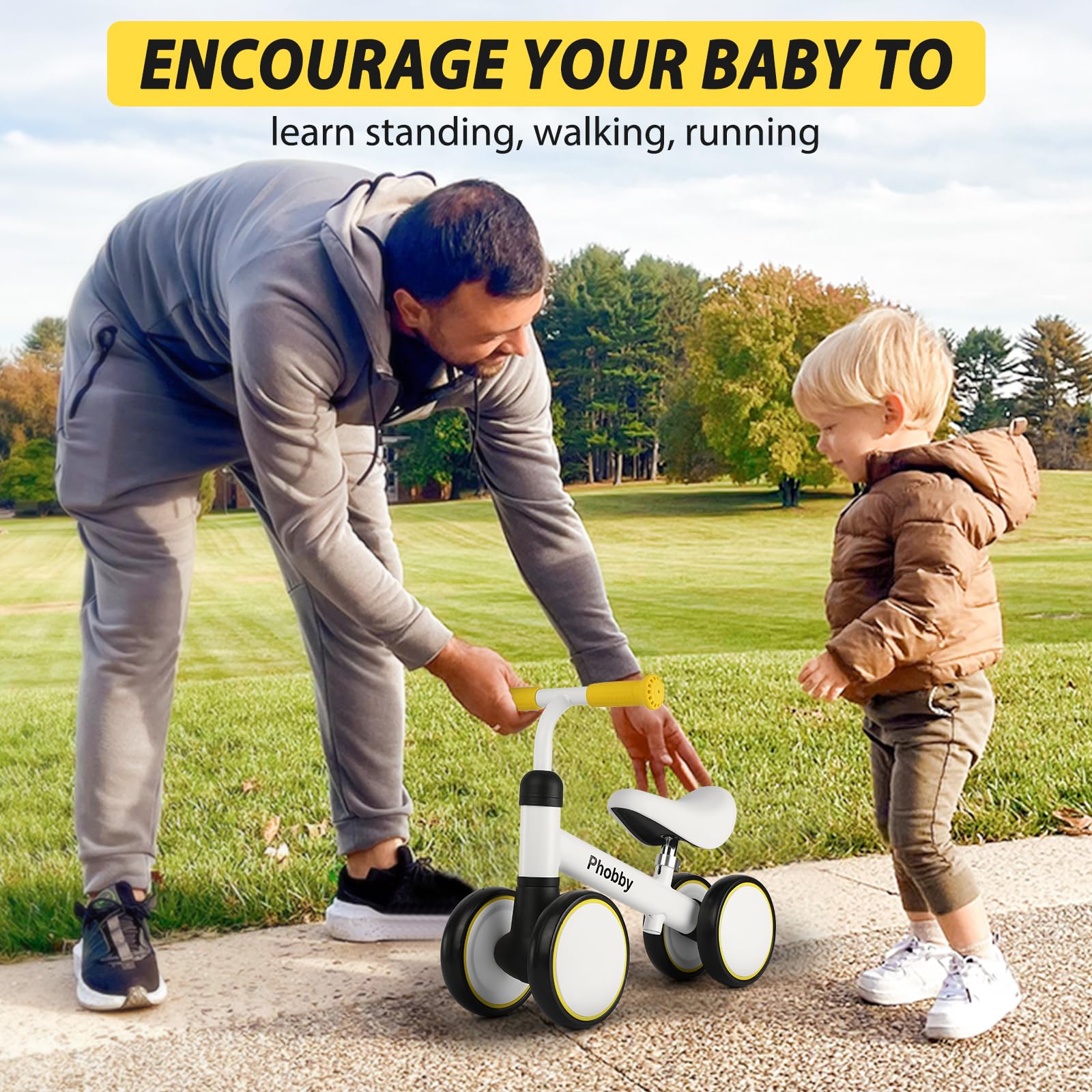 Baby Balance Bike for 1 2 3 Years Old Boys Girls, 4 Wheels Toddler Bike with Adjustable Seat, 12-36 Months Kids First Birthday Toy Gift