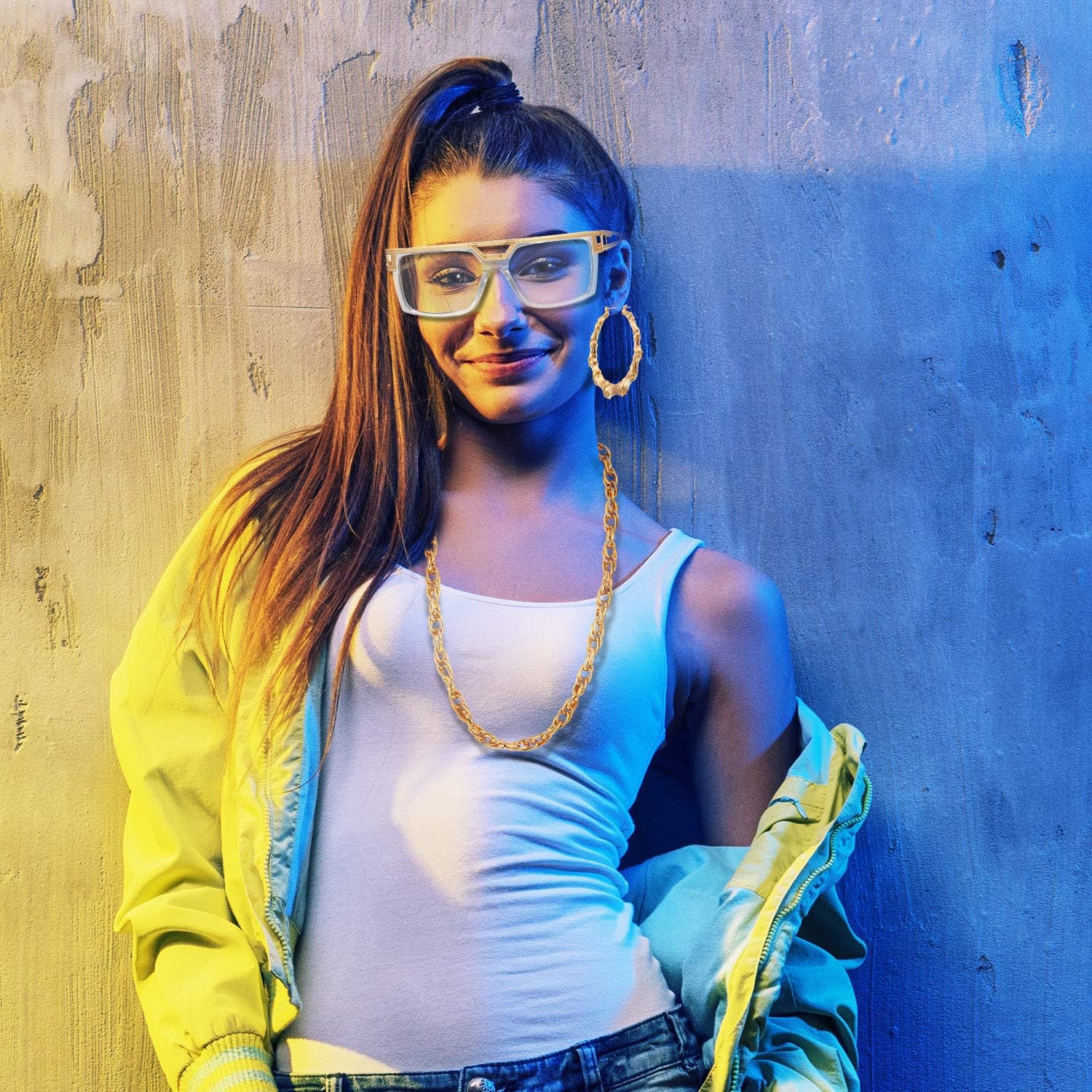 Hip Hop Woman Costume Kit Old School Rapper Sunglasses Faux Gold Rope Chain Earrings 80s/ 90s Rapper Accessories: Toys & Games