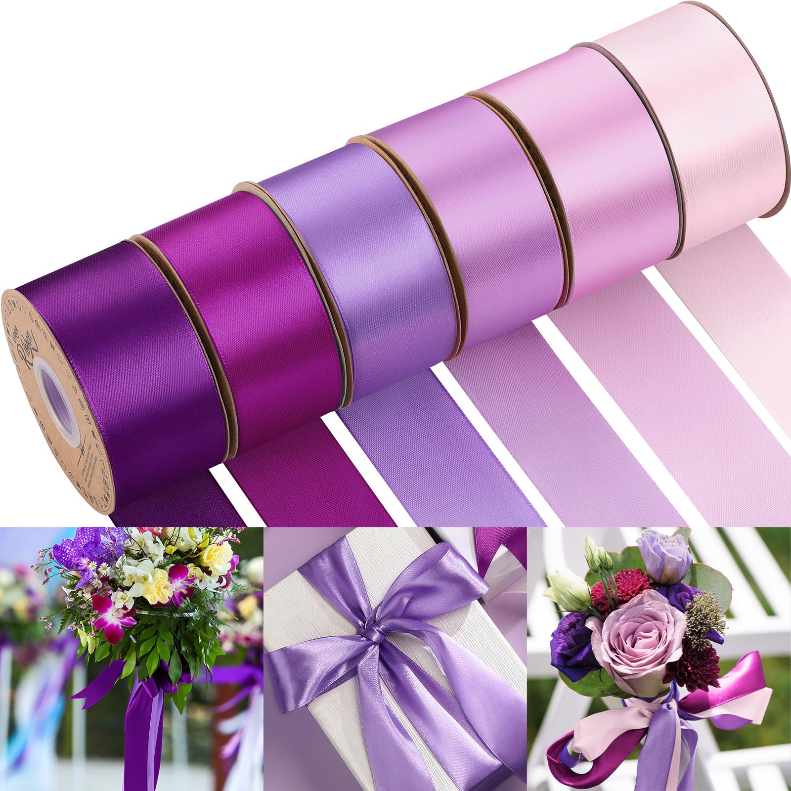 Photo 1 of Lyrow 200 Yards Purple Assorted Satin Ribbon 1 1/2 Inch x 6 Rolls Bouquet Accessories Ribbon Eternal Rose Supplies for Flower Bouquet Christmas Gift Wrapping Bows Decorations DIY Craft Birthday Party