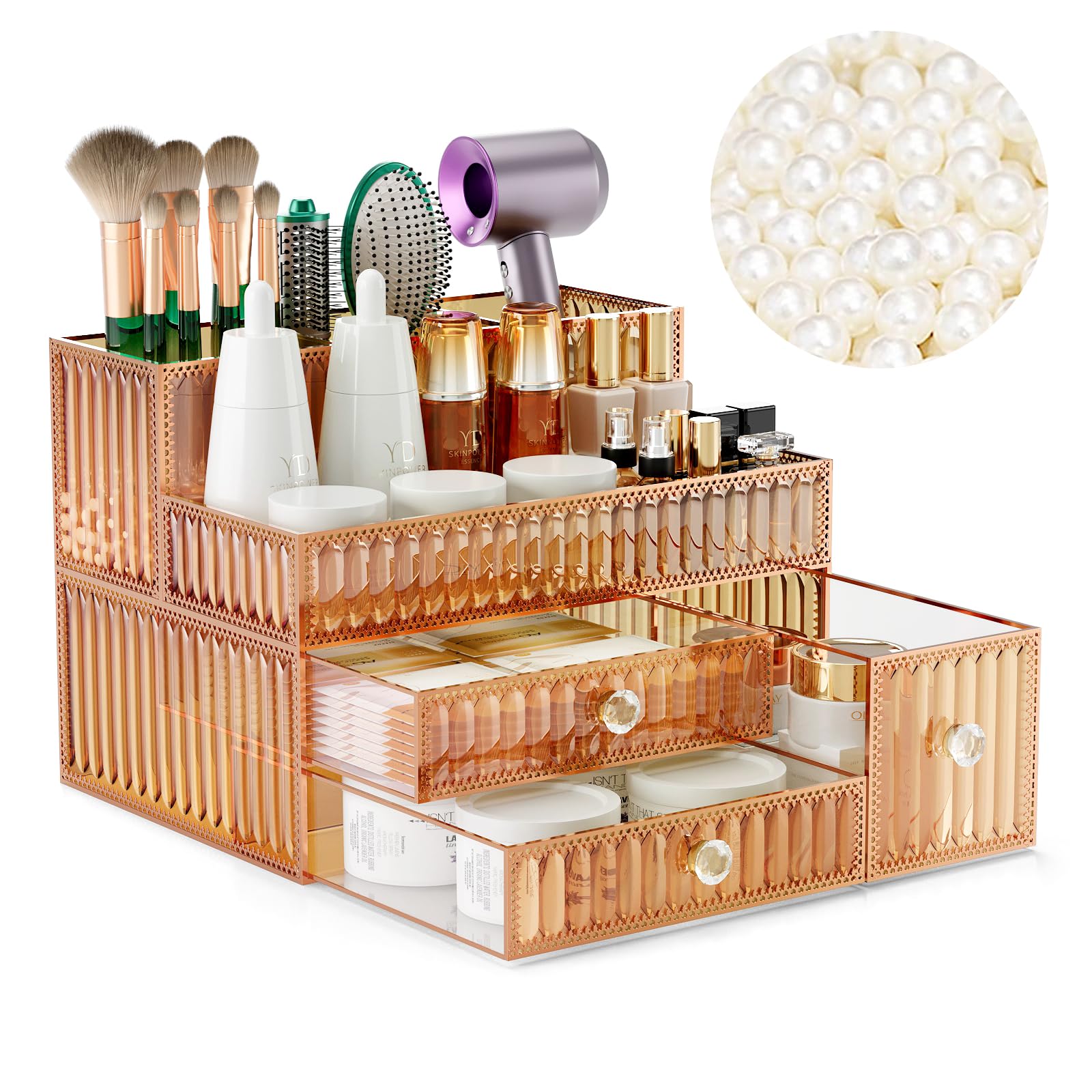 Photo 1 of Youdepot Makeup Organizer Golden- Tempered Glass Vanity Organizer for Cosmetics, Skincare, Hair Tools, Brushes, Perfume - Multipurpose Bathroom Counter Skincare Organizer