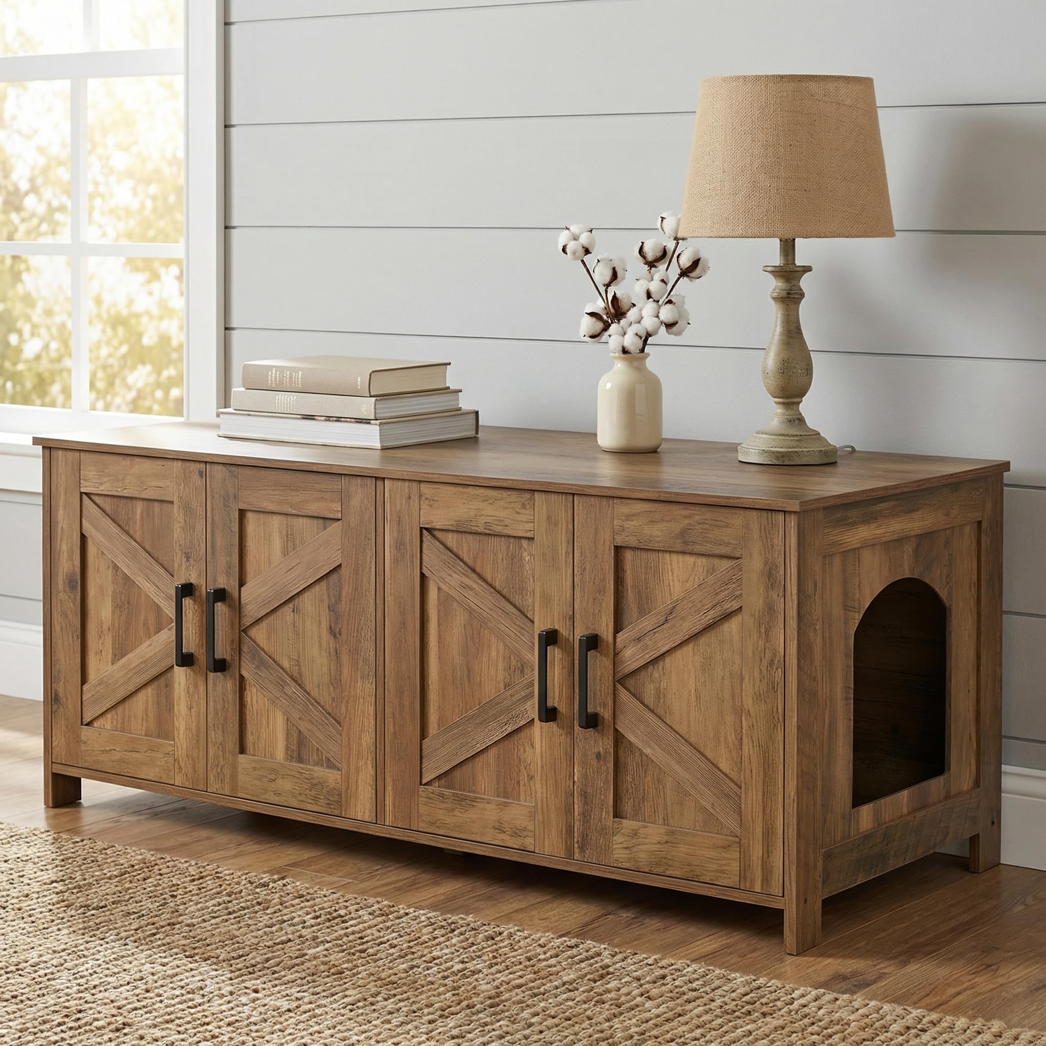 Photo 1 of **FOR PARTS/ HAS DAMAGED ASSEMBLY PIECE** Homhedy Cat ter Box Enclosure for 2 Cats, Wooden Pet Washroom Furniture with Double Room, Cat House, 47.2”L x 19.7”W x 19.7”H, Rustic Walnut