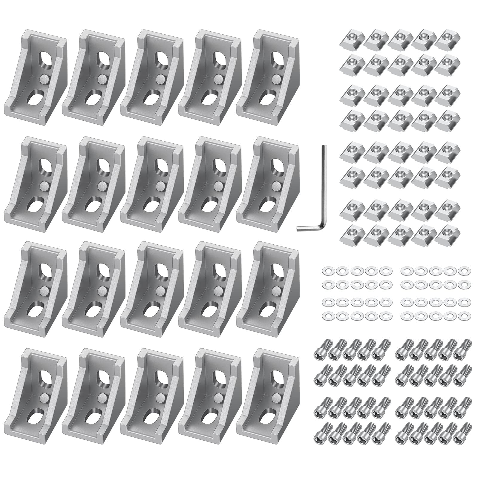EYPINS 20 Pcs 2020 Aluminum Extrusion Angle Mounting Brackets, 90 Degree Corner Connector 2020 Extrusion Profile L-Shape Angle Joint Brace Brackets with 6mm Slots, M6 Hexagon Screws and T-Nuts
