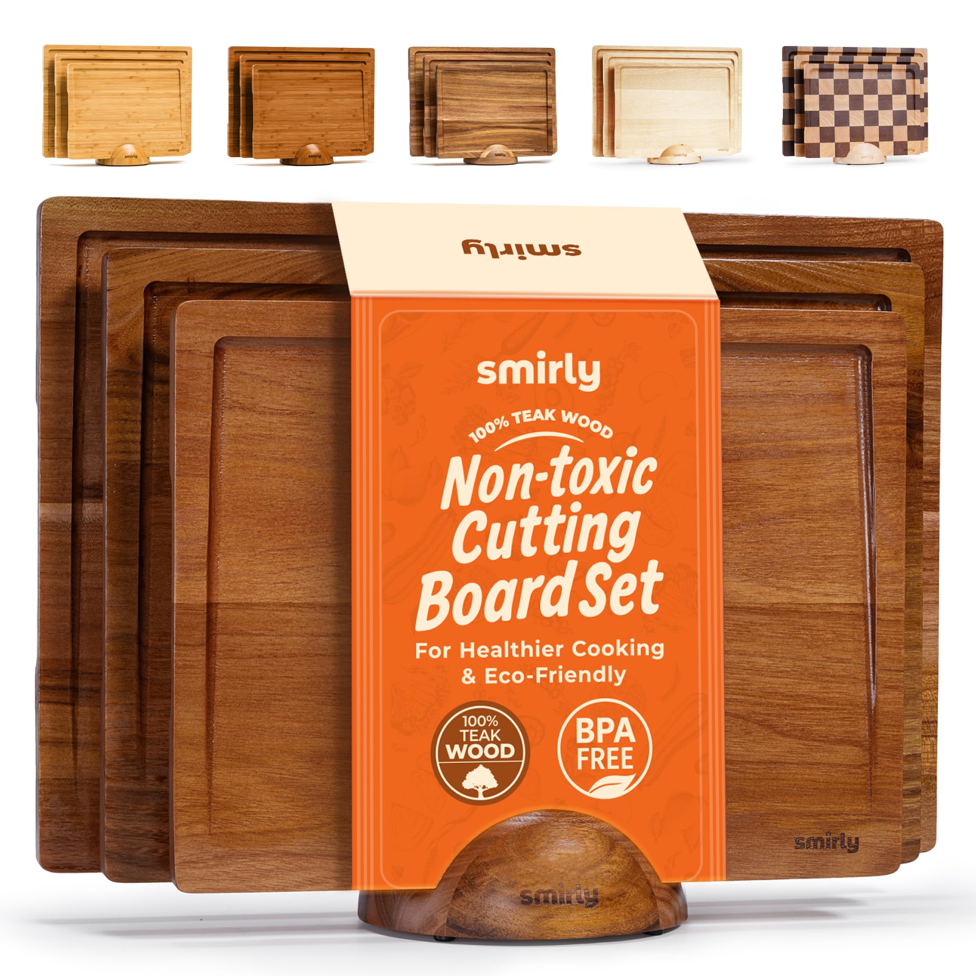Photo 1 of SMIRLY Wood Cutting Boards for Kitchen Wooden Chopping Board Set Reversible with Deep Juice Grooves Grip Handles, Large Charcuterie Tray, Ideal for Chopping Meat Vegetables Teak Wood, 3Pcs with Holder