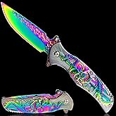 MADSMAUG skull Pocket Knife, Cool Rainbow Pocket Folding Knife, 3D TITANIUM-PLATED SKULL EDC knife For Men Outdoor Survival Camping, Great festival Christmas Gift (Rainbow)