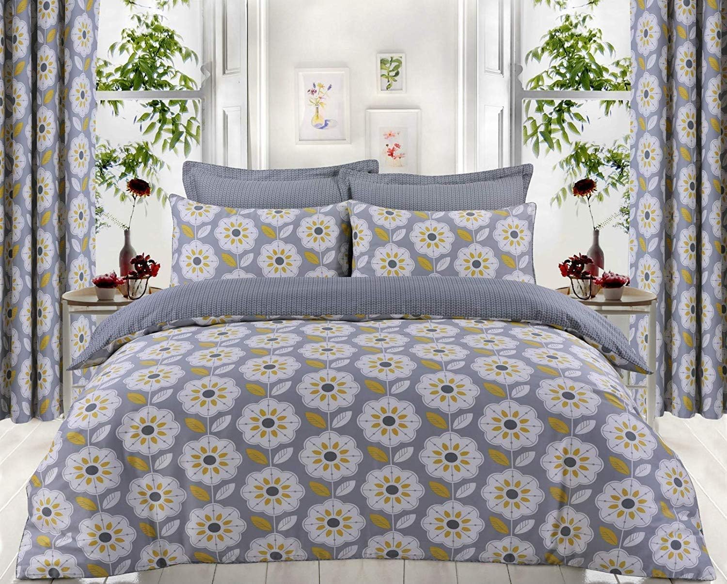 Indus Textiles 100% Egyptian Cotton 220 Thread Duvet Cover Set Easy Care Reversible Printed Hotel Quality Duvets, Daffodil - Super King