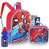 Marvel Spiderman Backpack with Lunch Box Set - 5 Pc Bundle of 15" School Bag for Kids, Lunch Bag, Stickers, More Spiderman School Supplies