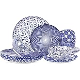 Selamica Ceramic Plates and Bowls Sets,12 Pieces Dinnerware Sets for 4,Scratch Resistant Dish Set,Dishwasher & Microwave Safe, Vintage Blue