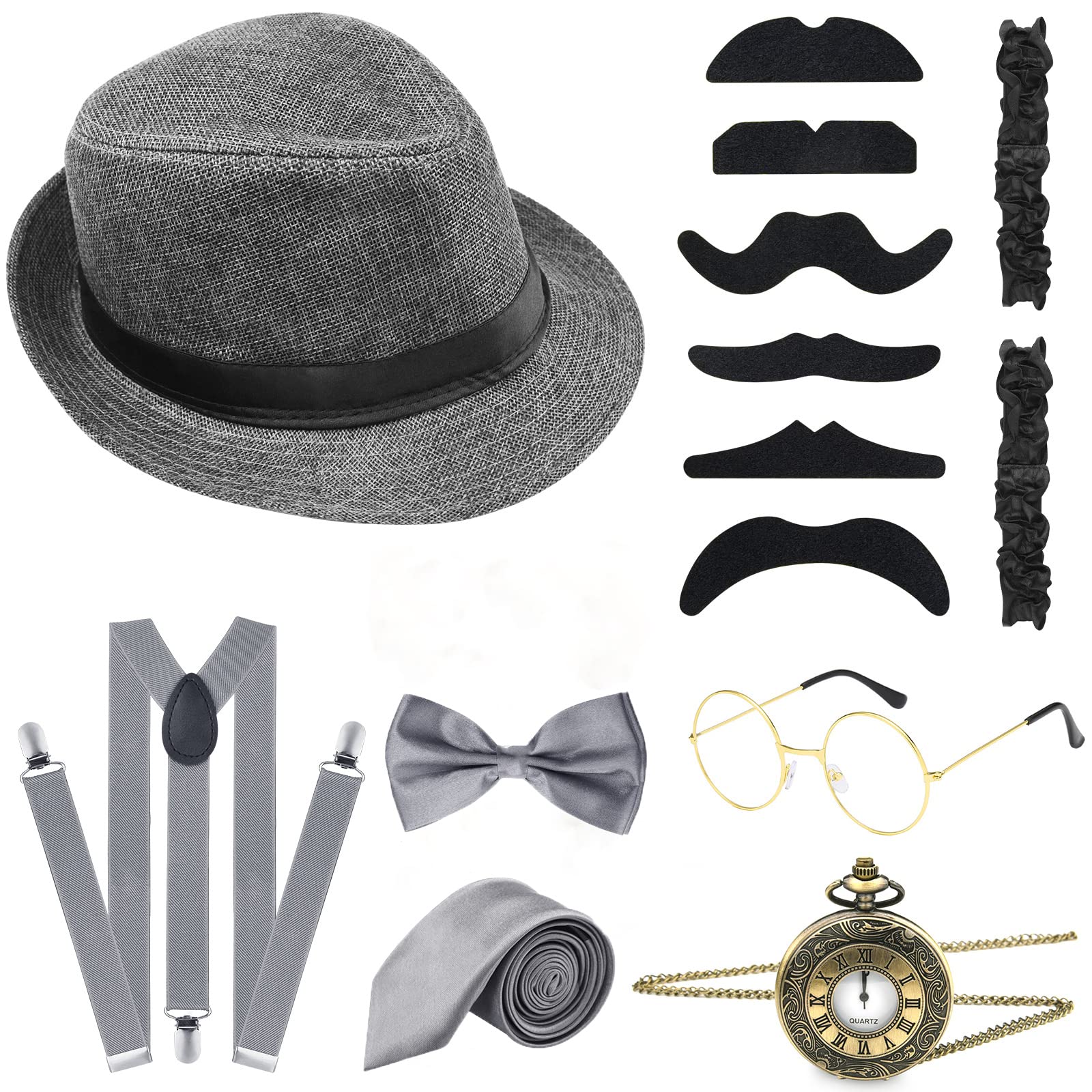 ELECLAND 10 Pieces 1920s Men Costume Accessories Set Roaring Retro Gangster Costume, Hat, Bow Tie, Pocket Watch, Suspender, Glasses, Beard, Armband Garters, Pocket Watch
