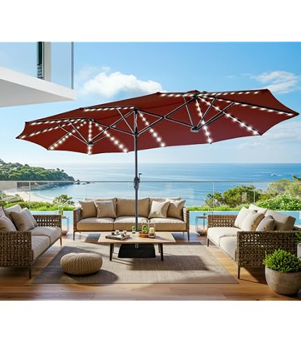 apontus 13 foot market patio umbrella outdoor furniture aluminum Ainfox 13ft Rectangle with Base, Double-Sided Twin Umbrella with Crank & 1.5