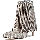 RONILURN Women's Glitter Rhinestone Ankle Boots Sparkly Fringe Pointed Toe Booties Side Zipper Fashion Party Dressy Stiletto High Heel Boots for Women