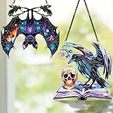 2 Halloween Decorations Bat Raven Acrylic Suncatchers, 6" Window Hanging Bat Gothic Decor, Spooky Raven Halloween Ornament Gifts, Idea Gifts Holiday Keepsake, Scary Home Indoor Outdoor Display SS344