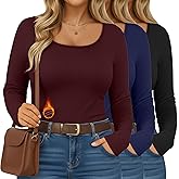 Ficerd 3 Pack Women's Plus Size Thermal Shirts Fleece Lined Scoop Neck Long Sleeve Tops Fitted Winter Base Layer Underwear