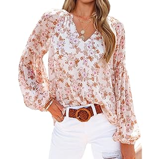 BTFBM Women Casual Boho Floral Blouse Shirts V Neck Long Puff Sleeve Lightweight Chiffon Spring Summer Fashion 2023 Tops