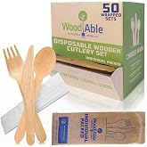 WOODABLE Disposable &amp; Backyard Compostable Wrapped Wooden Cutlery Set, Eco-Friendly, Sustainable, Organic, Biodegradable, Vegan-Friendly, 50 packs with knife, fork, spoon and napkin, 150 Utensils.