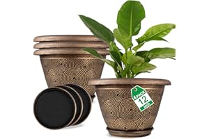 FODETYFF 12 Inch Large Planter Pot for Plants Indoor Outdoor, 4 Pack Plastic Flower Pots with Drainage Hole & Tray, Modern Decorative Garden Pot with Saucer, Plant Container for House