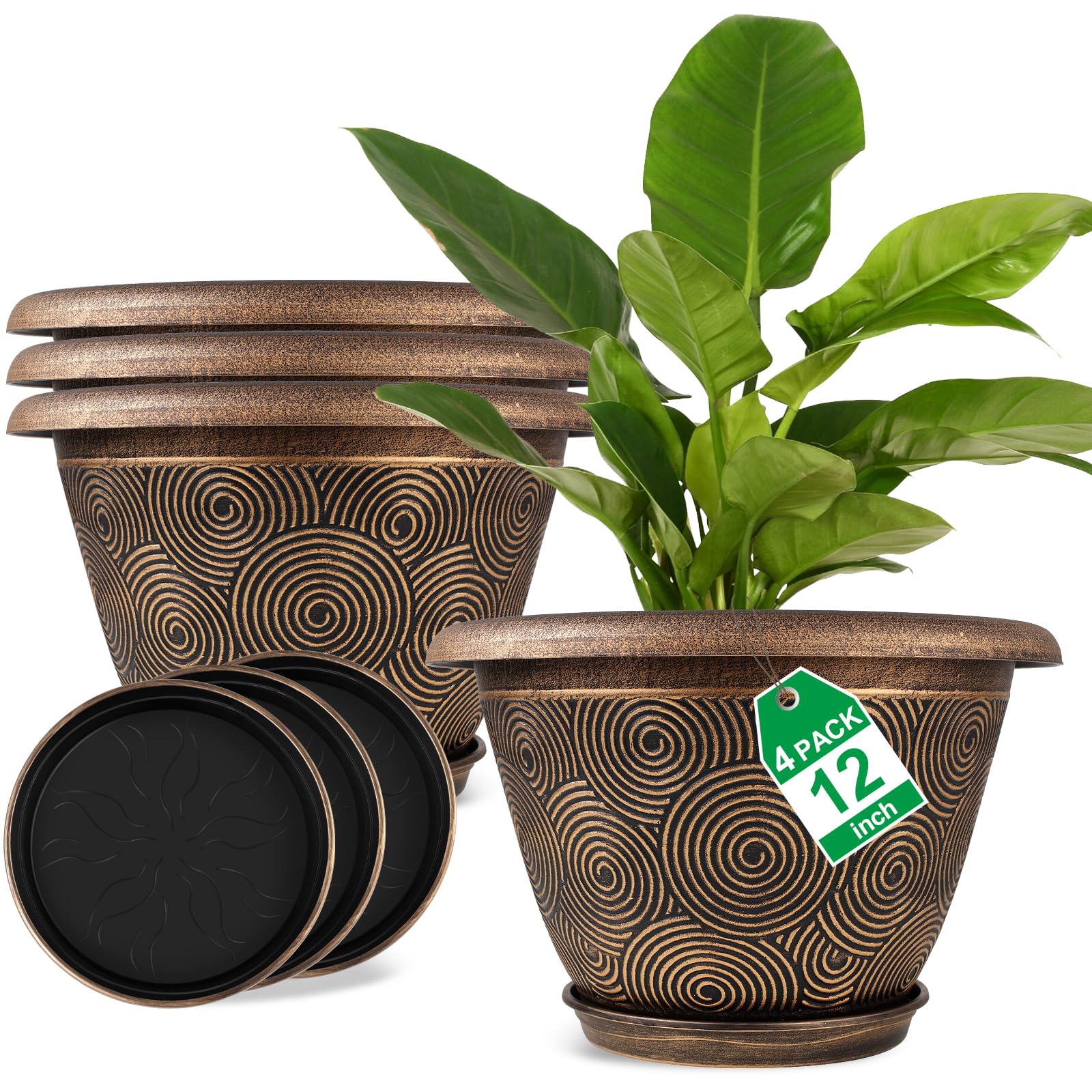 Photo 1 of 12 Inch Large Planter Pot for Plants Indoor Outdoor, 4 Pack Plastic Flower Pots with Drainage Hole & Tray, Modern Decorative Garden Pot with Saucer, Plant Container for House