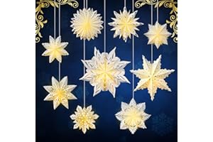 Riakrum 10 Pcs Snowflake Paper Lantern Paper Star Lantern with 14 LED Light Paper Lamp Frozen Party Hanging Decoration for Christmas Weddings New Year Birthday Holiday Celebration, White