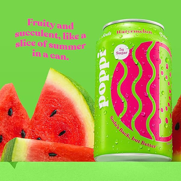 POPPI SPARKLING PREBIOTIC SODA BEVERAGE WITH APPLE CIDER VINEGAR, SELTZER WATER AND FRUIT JUICE, WATERMELON FLAVOR, 12 FL OZ, 1 COUNT, PACKAGING MAY VARY