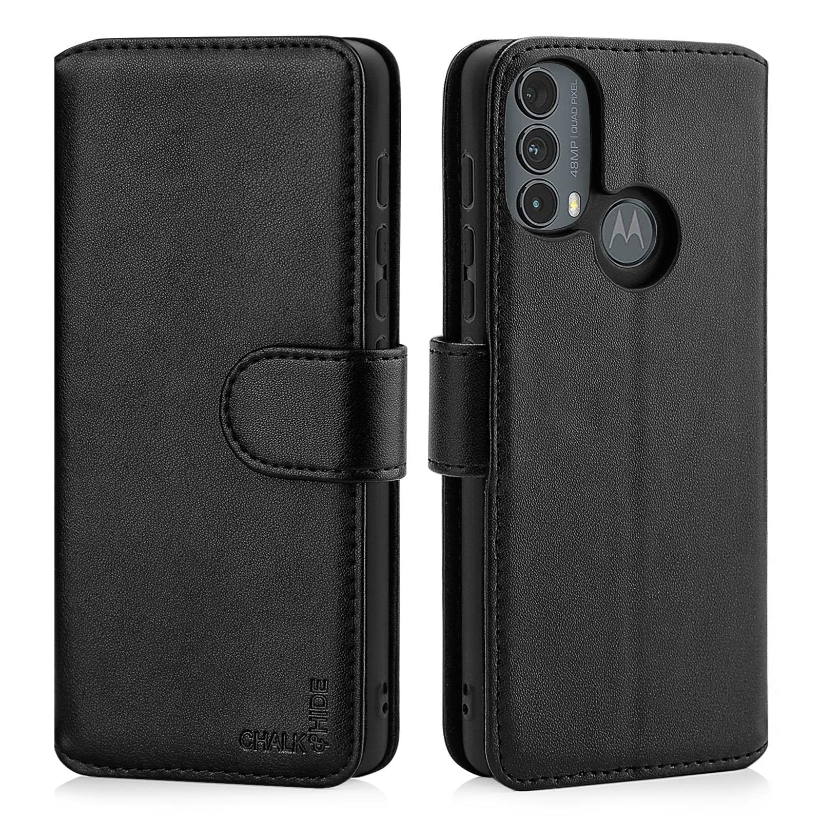 CHALK & HIDE - Real Leather Book Wallet Flip Case Cover For Motorola Moto E30 & Moto E40, Real Leather Design With Card Slot, Magnetic Closure and Built In Stand - Black โ image 1