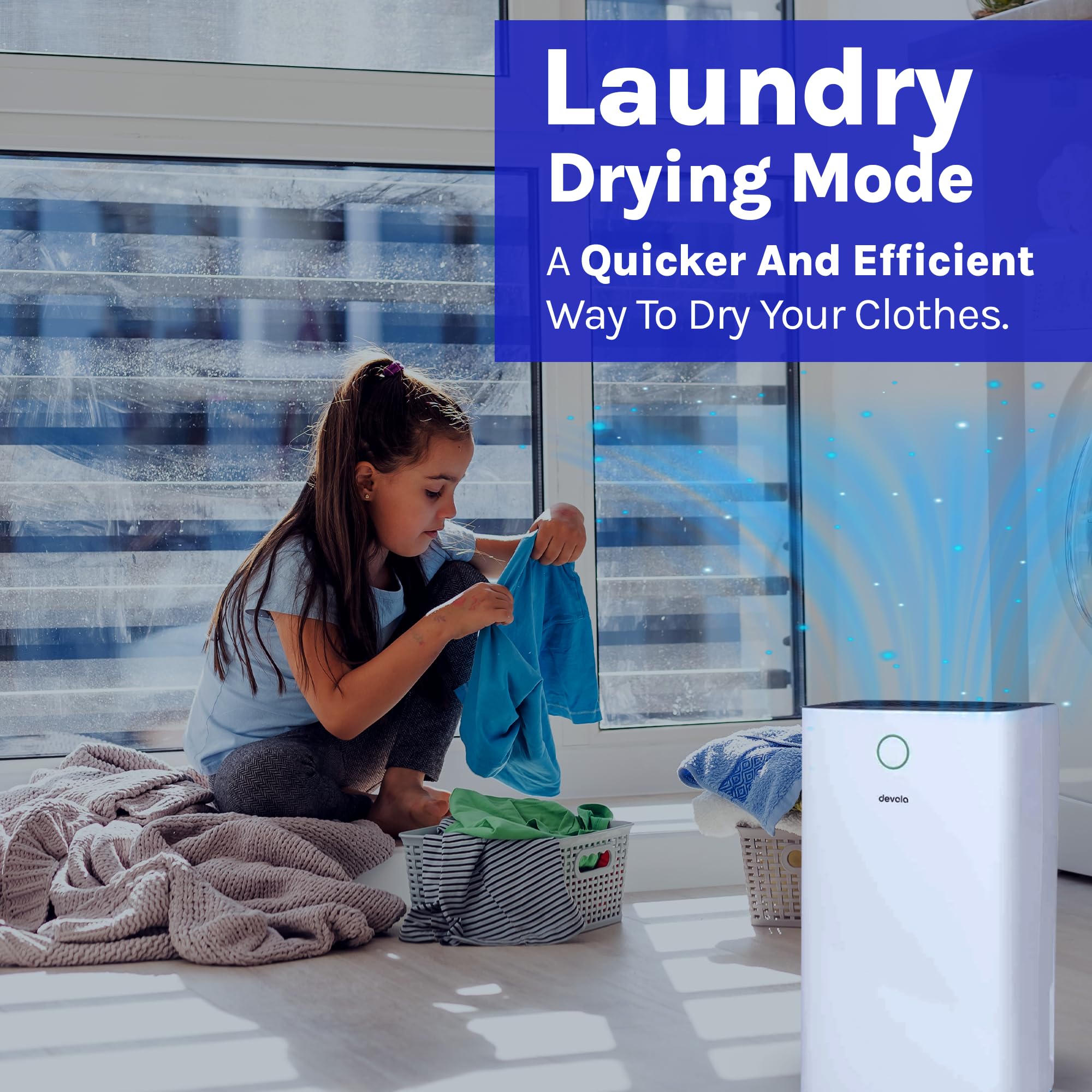 Devola 20L/day Low Energy Dehumidifier, Quiet & Energy Efficient Dehumidifiers for Home & Air purifier With HEPA filter, Laundry Mode