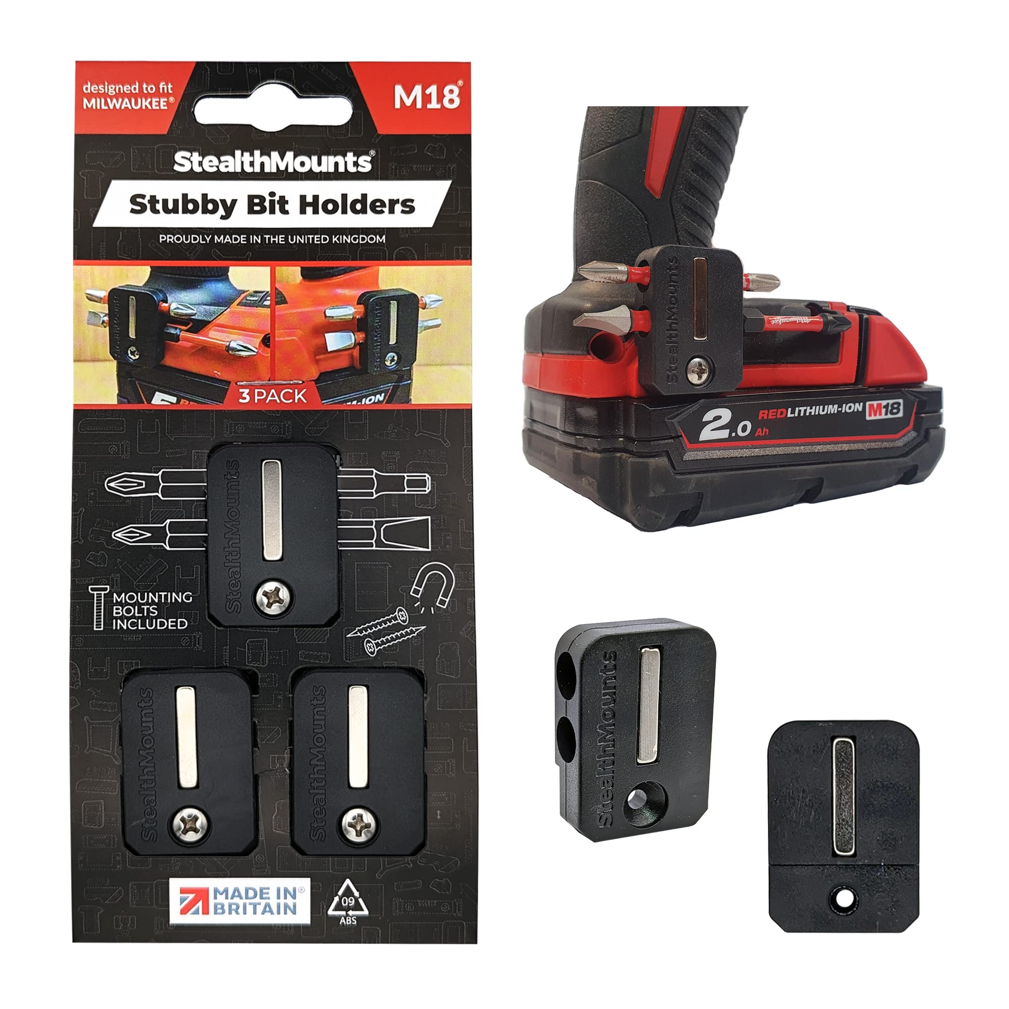 StealthMounts Stubby Bit Holder for Milwaukee M18 | Stubby Magnetic Bit Holder | Drill Bit Organiser | Perfect Bit Holder for Milwaukee M18 Drills and Impacts (2 Pack)