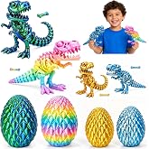 ackbun Dinosaur Toys, 4-Pack 3D Printed Fully Articulated T-Rex Skeletons | 4 T-Rex sets, each with an egg and bone, 11 cm eggs in blue-green and macaron, 8.5 cm eggs in golden yellow and blue-silver