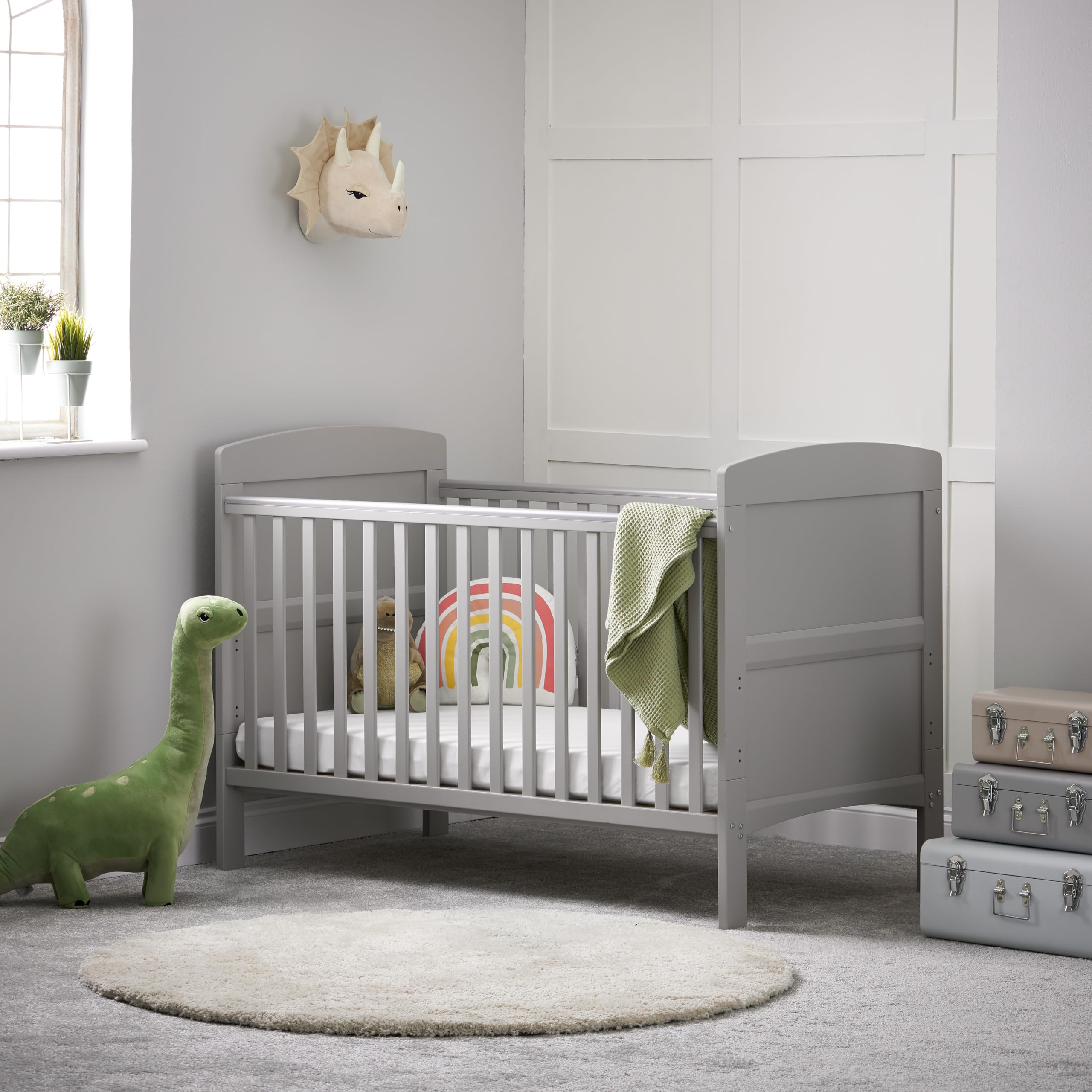 Obaby Grace Cot Bed – Warm Grey, Convertible Baby Cot with Adjustable Mattress Base & Safety Rails