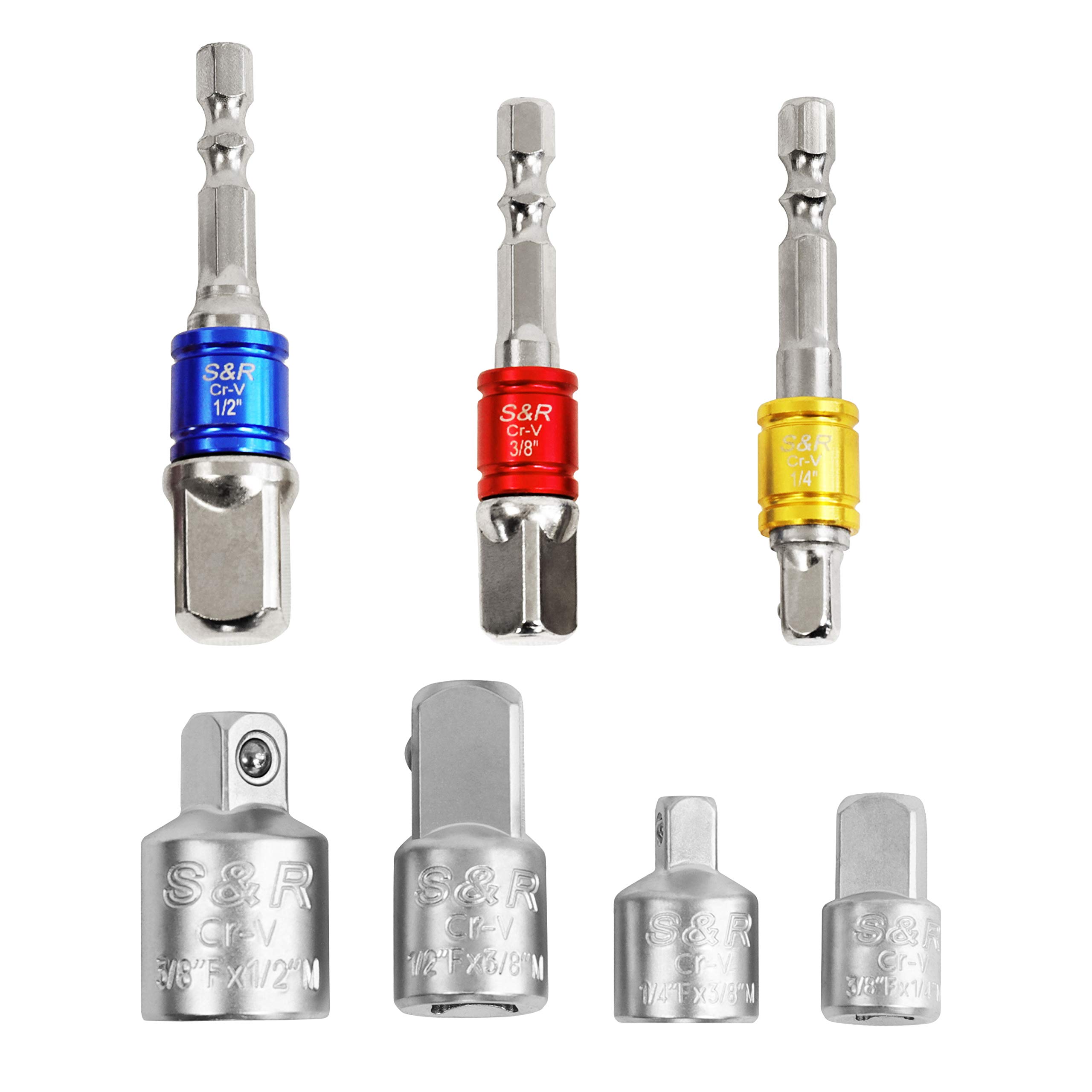 S&R 7-Piece Socket Adapter Set with Holder - Chrome Vanadium Steel for Professional Use - Hex to Square and Square to Socket Adapters