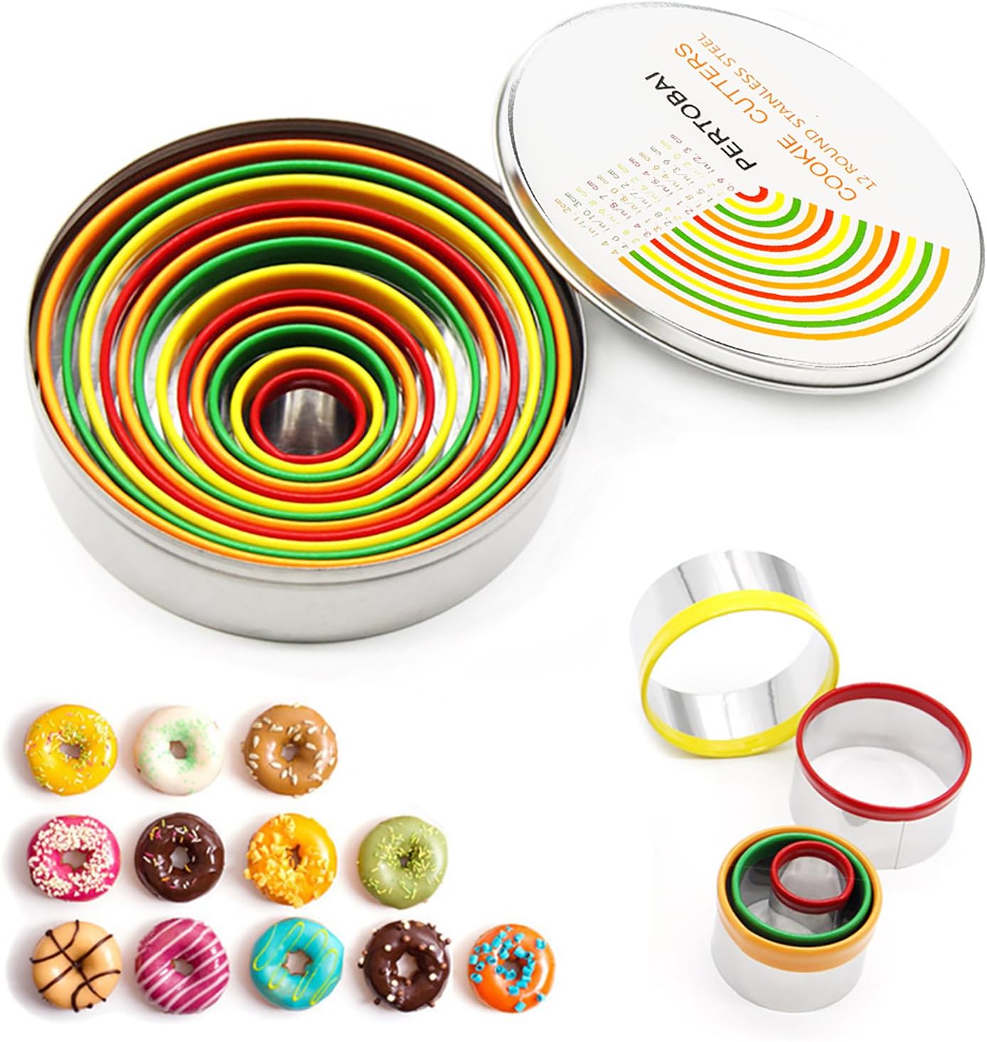 PERTOBAI 12 Piece Round Cookie Cutter Set Stainless Steel Dough Cutters - Measuring Guide, Color Coded Tops