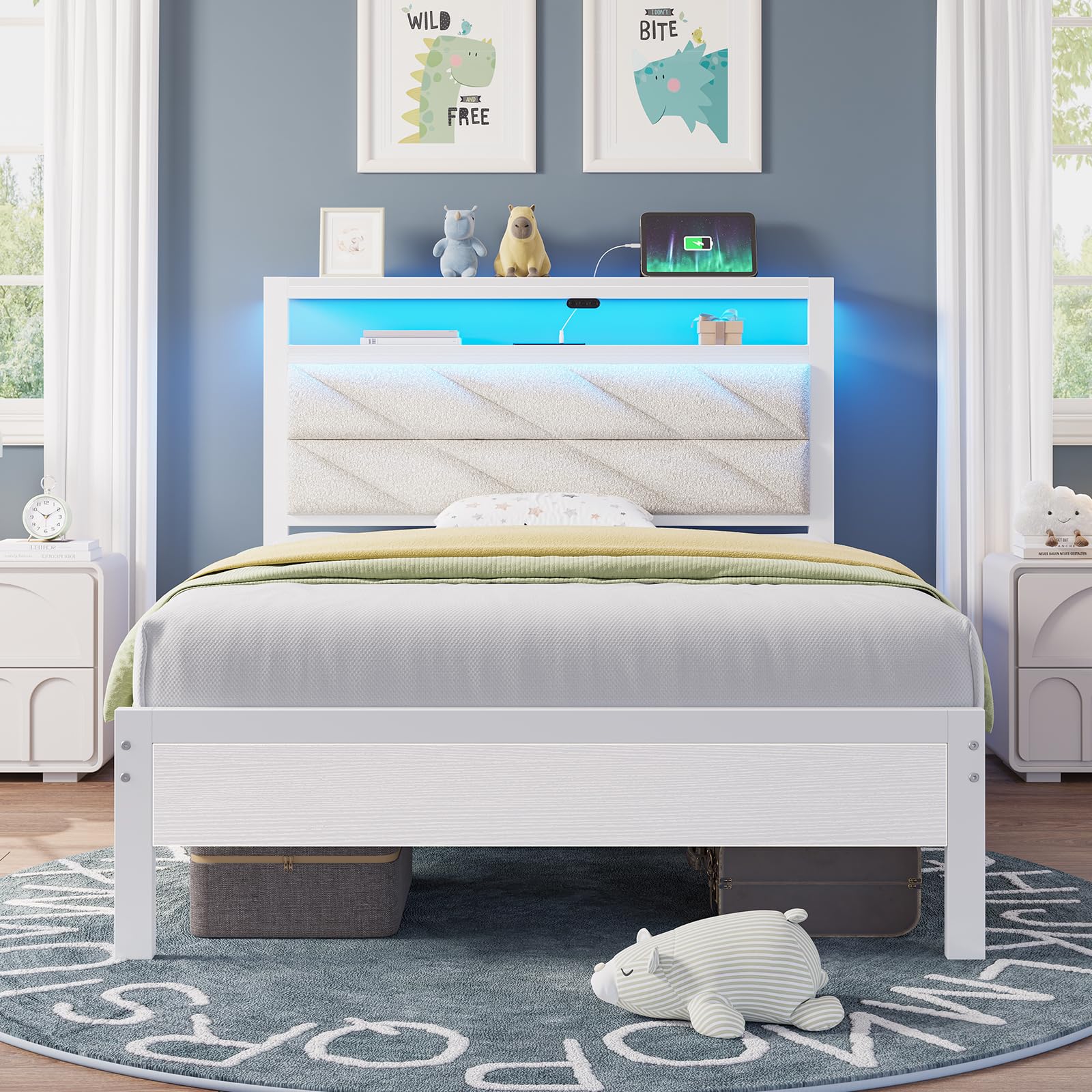 Seventable Bed Frame Twin Size with Charging Station, LED Bed with Upholstered Storage Headboard, Metal Platform Bed with Under Bed Storage, No Box Spring Needed, Noise Free, Easy Assembly, White Image