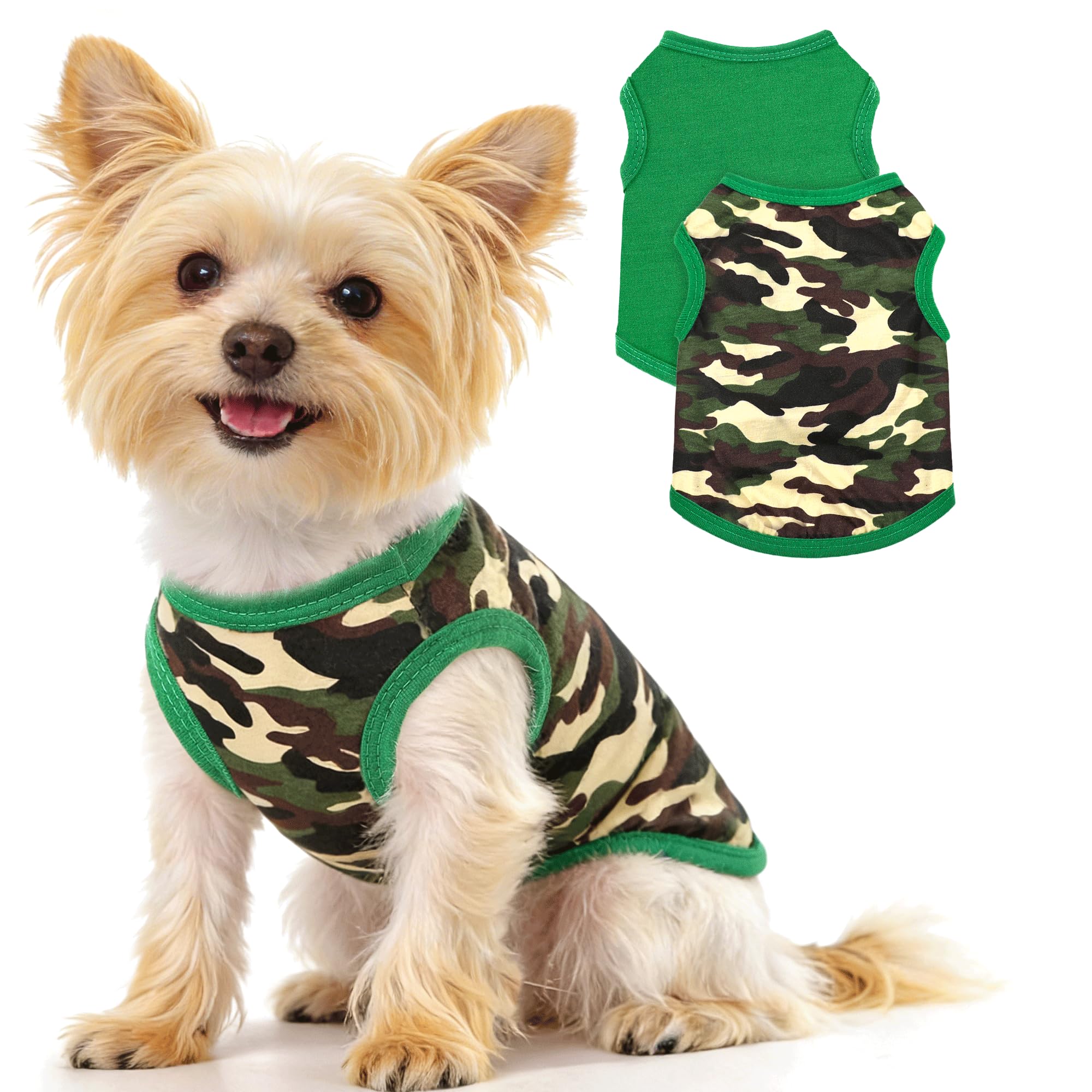 Photo 1 of 2 Pack Dog Shirts for Small Dogs Girl Boy Camouflage Puppy Clothes Pet T Shirts Dog Clothes for Small Dogs Cats Apparel (Green Camouflage + Solid Color, Medium)