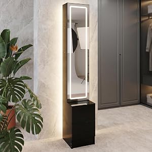 LED Full Length Mirror Jewelry Cabinet with Storage, 3 Color Adjustable Lighting Dressing Mirror Armoire, Large Standing Vani