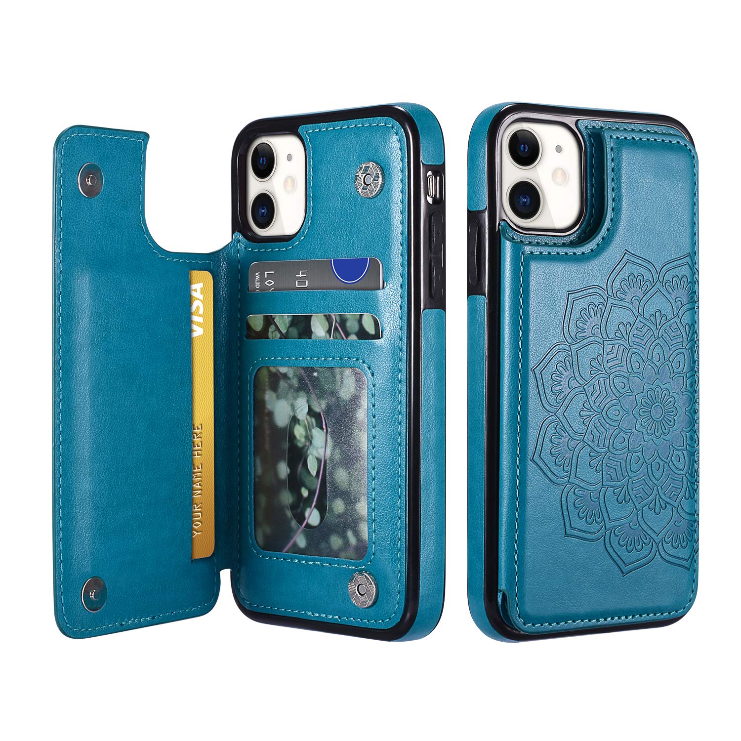 UEEBAI Case for iPhone 12 iPhone 12 Pro 6.1 inch, Luxury PU Leather Case [Two Magnetic Clasp] Card Slots Stand Function Embossed Mandala Pattern Half Flower Durable Back Wallet Cover - Blue